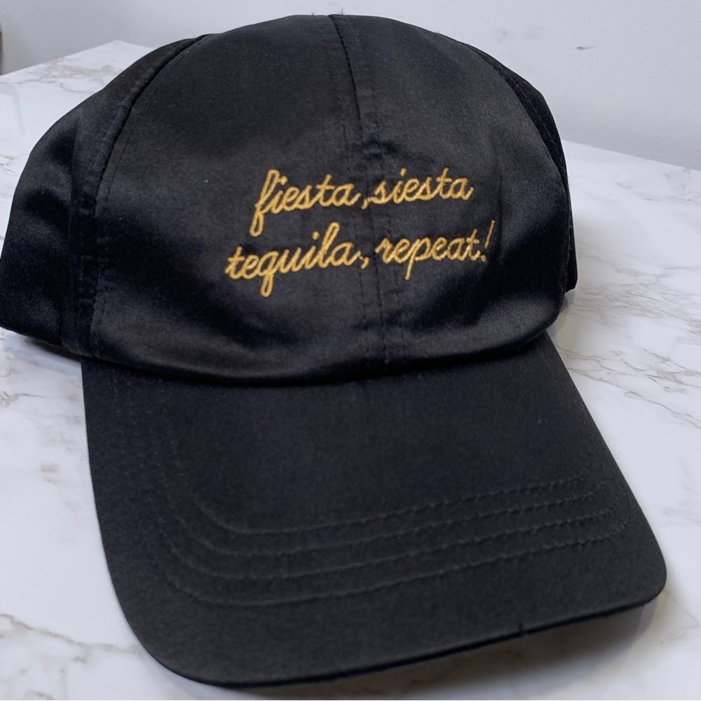 Fiesta Siesta Tequila Repeat Embroidered Black Satin Structured Baseball Cap - Picture 2 of 11